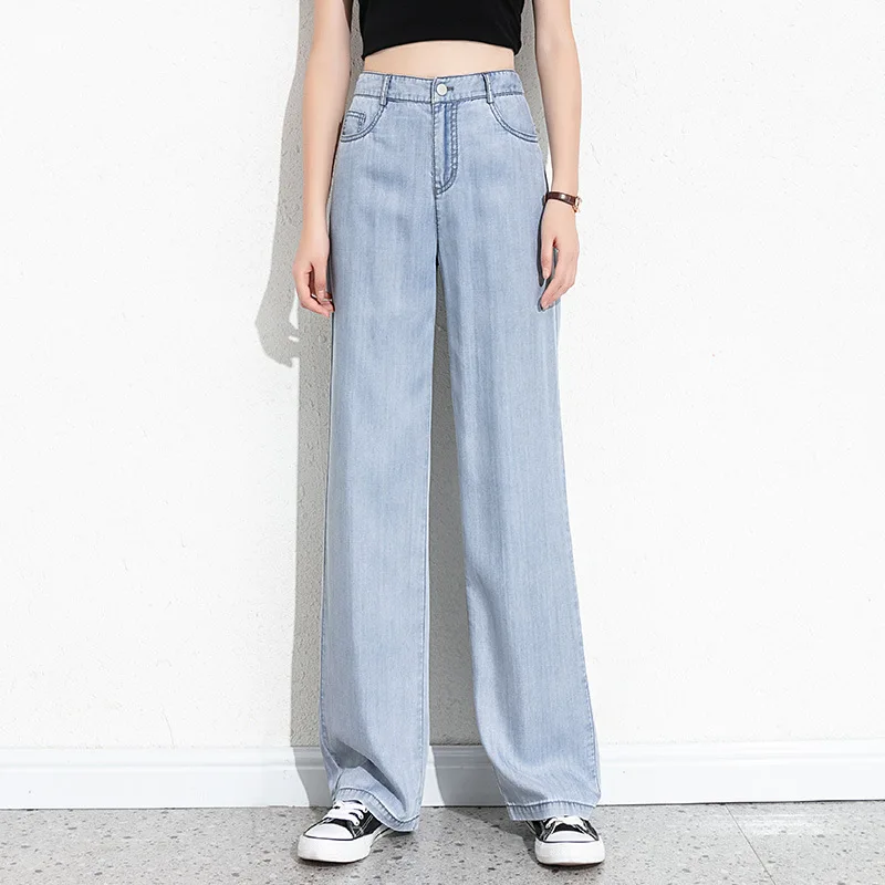 

Tencel jeans women's summer thin loose embroidered straight-leg pants new high-waist drape wide-leg trousers