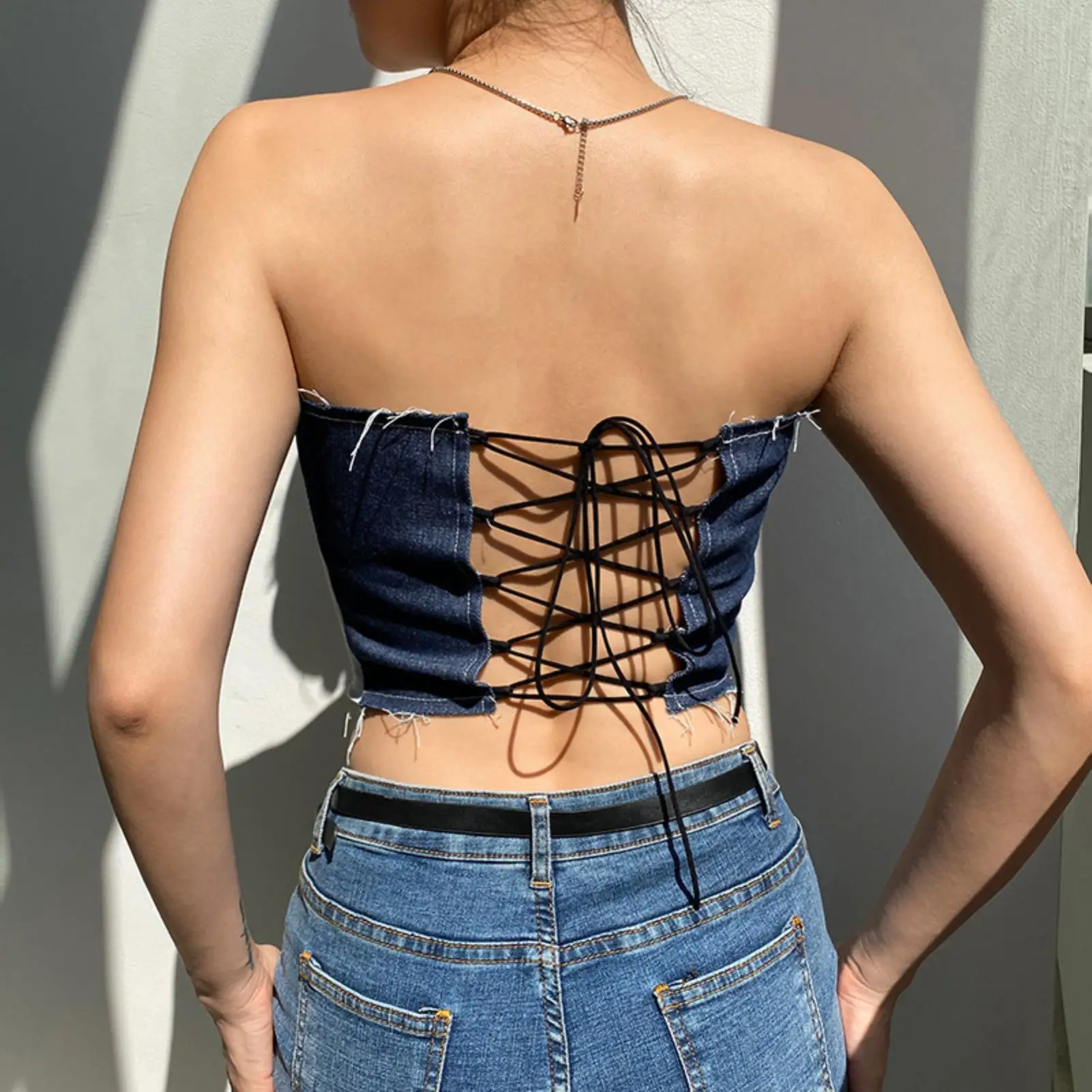 

Sexy Women Sleeveless Lace Up Bandage Bustier Denim Patchwork Bandeau Tube Top