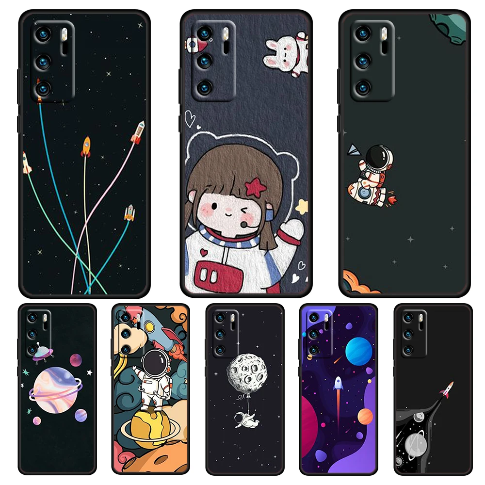 

Cartoon outer space astronaut For Huawei P50 P40 P30 P20 Pro Plus 5G 2019 E P10 P9 Lite mini 2017 Silicone Soft Black Phone Case