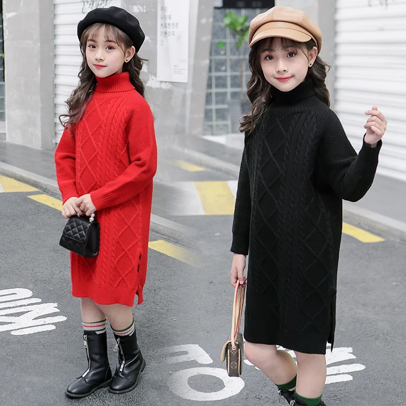 Осенние свитера с высоким воротником для девочек плотные вязаные платья длинный