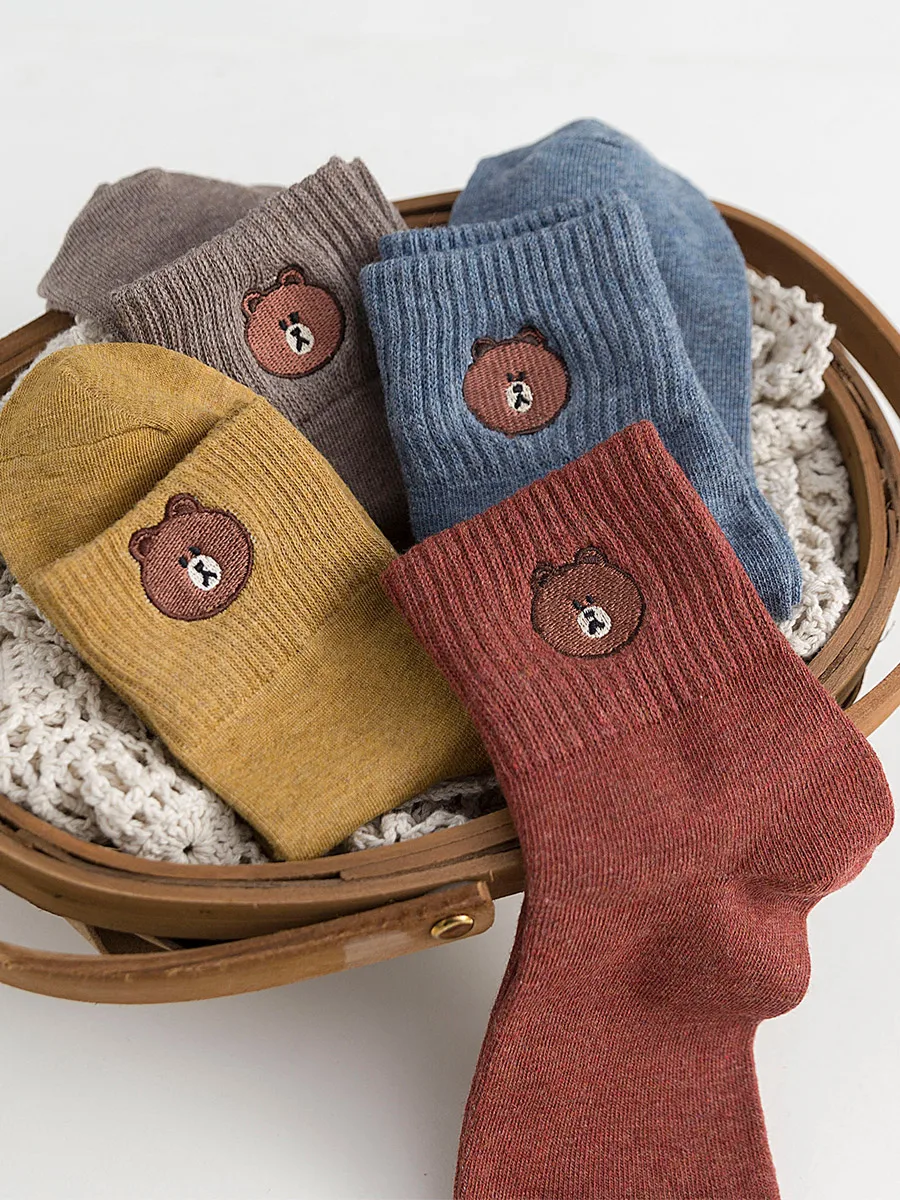 Женские носки хлопковые с вышивкой и медведем в стиле Харадзюку зимние толстые