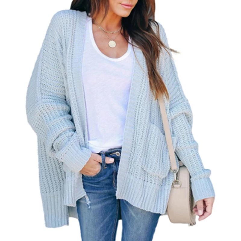 

Женский плотный кардиган с карманами, повседневная однотонная трикотажная верхняя одежда большого размера на осень и зиму, 2021