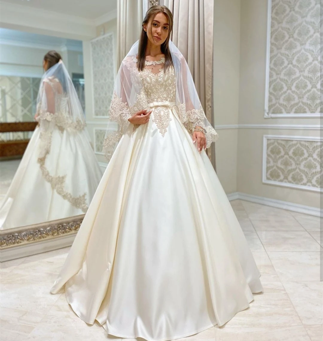 

Vintage Wedding Dress Luxury 2021 A-Line Lace Appliques Elegant Scoop With Belt Sashes Court Train Robe De Mariee vestidos de no