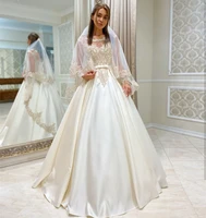 vintage wedding dress luxury 2021 a line lace appliques elegant scoop with belt sashes court train robe de mariee vestidos de no