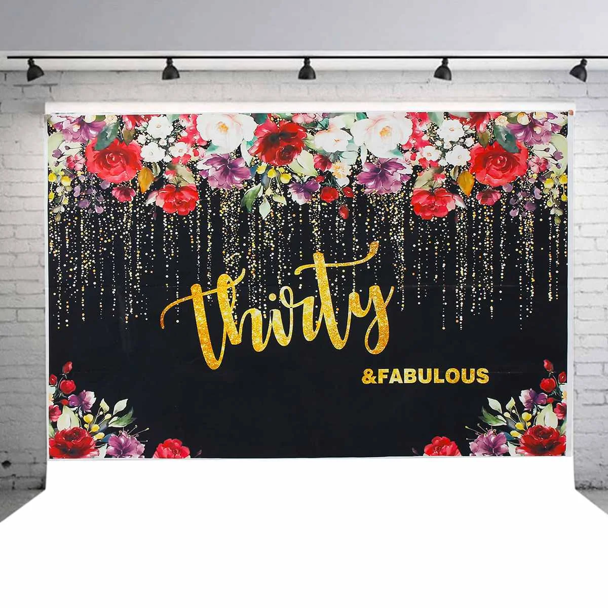 

Flowers Gold Happy Birthday Party Custom Background for Photo Studio Black Happy Birthday Decoration Supplies DIY Backdrops