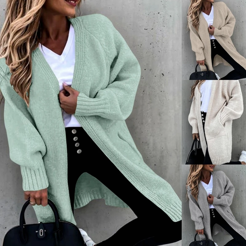 

Lugentolo Long Cardigans Women Fall Winter Fashion Loose Mid-length Sweaters Coat Solid Color Cardigan Sweater