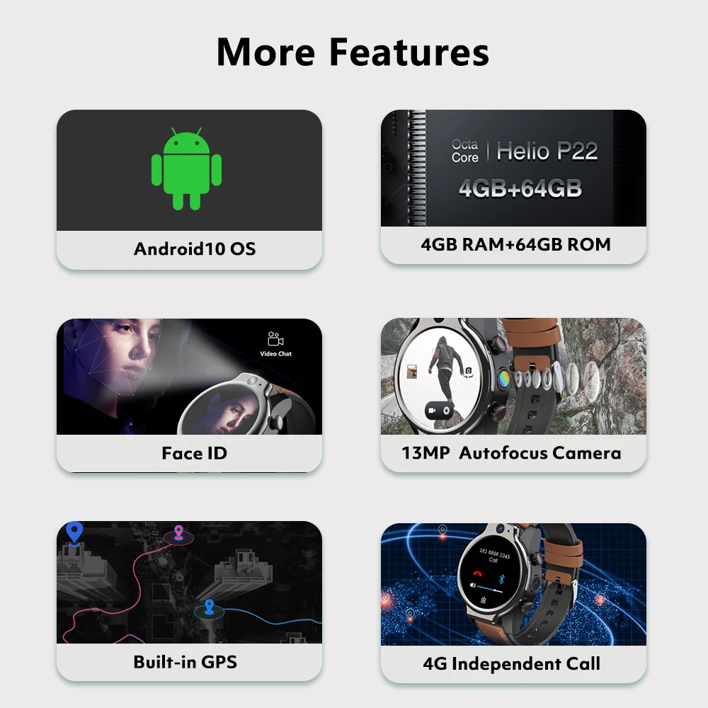Rogbid Brave Pro 4G Global Smart Watch 2021 4GB 64GB 2 Camera 13MP 1600mAh Android 10 Smartwatch Phone WIFI GPS IP68 Waterproof