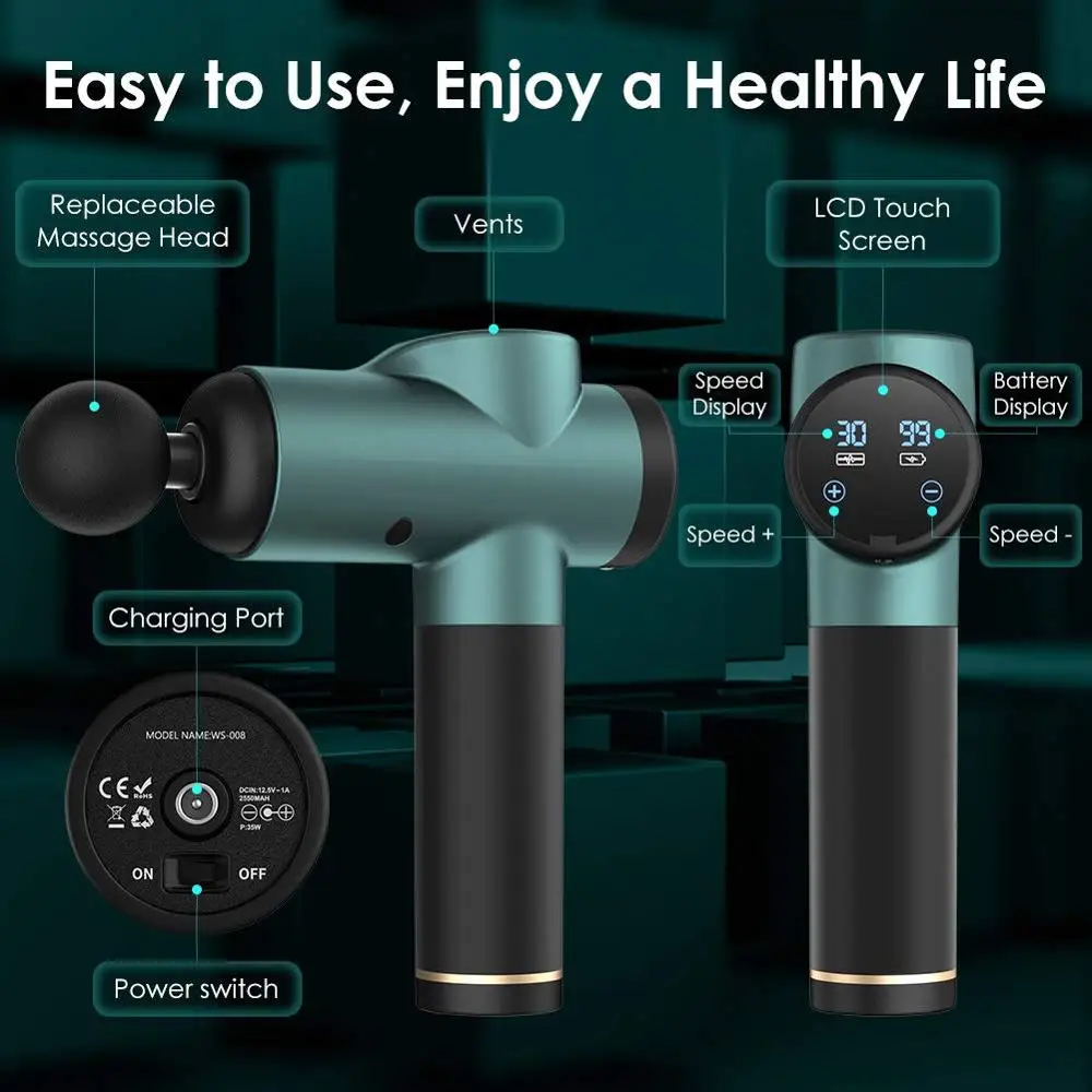 

Body Tissue Percussion Massager 6 Heads 30 Speed Gear Deep Muscle Massager LCD Touch Screen Display Massage