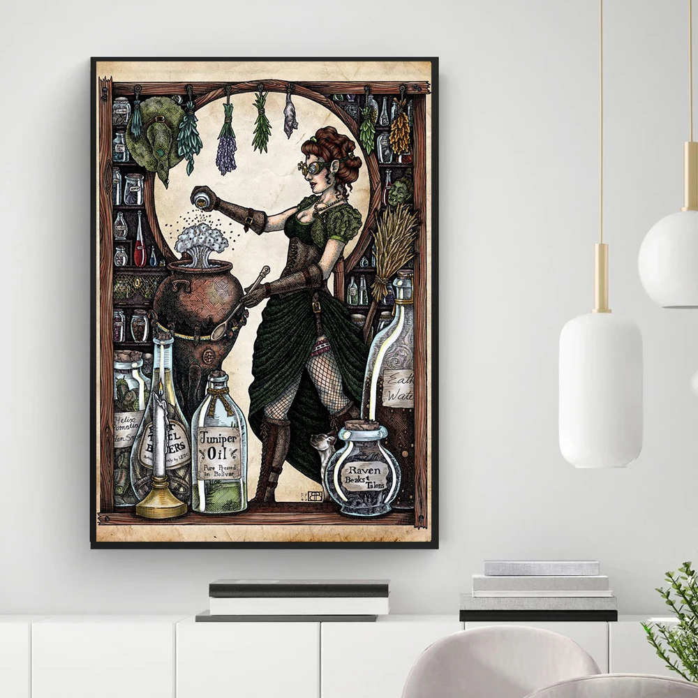 

Industrial Witchcraft Witch Posters and Prints Vintage Girl Bottle Canvas Painting Retro Kitchen Office Wall Art Decor Pictures