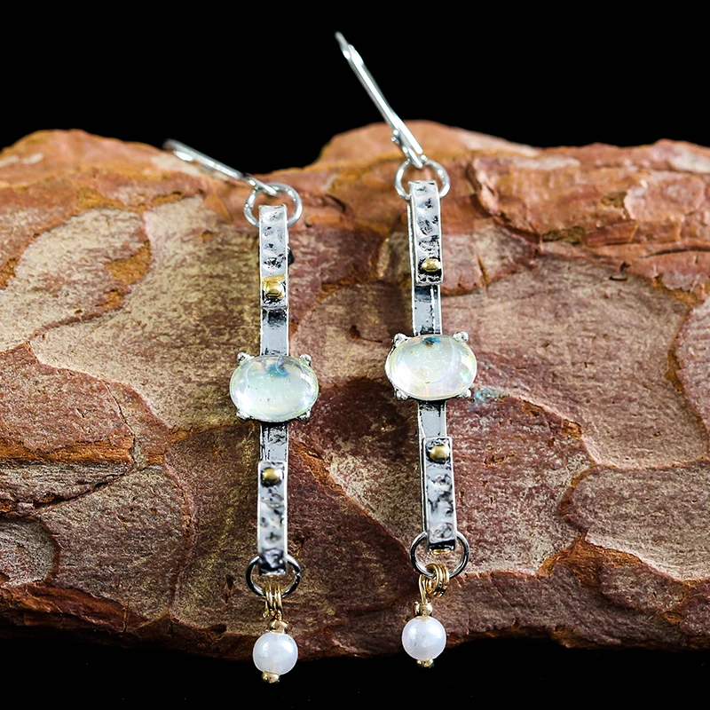 Женские длинные серьги-капельки с опалом и жемчугом винтажные ручной работы Z4D400 |