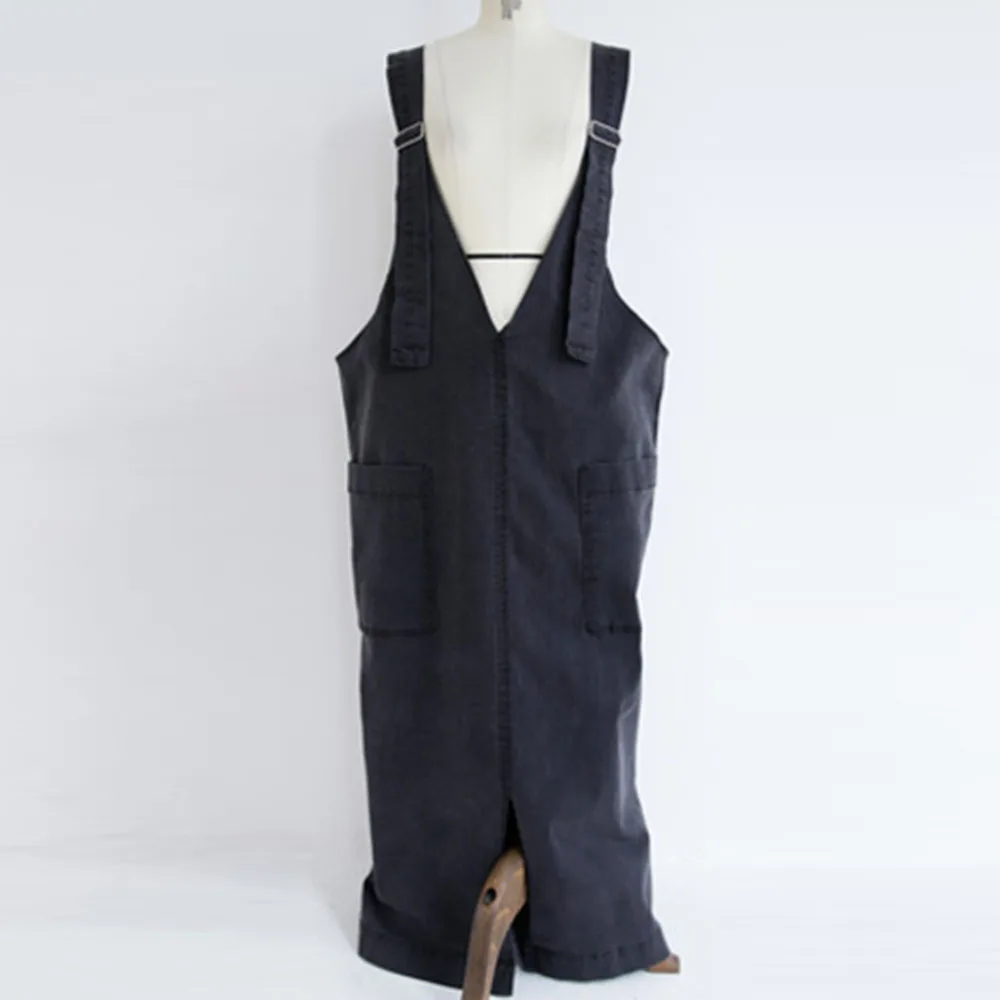 Женское джинсовое цельное платье на подтяжках длинное макси размера плюс в пол