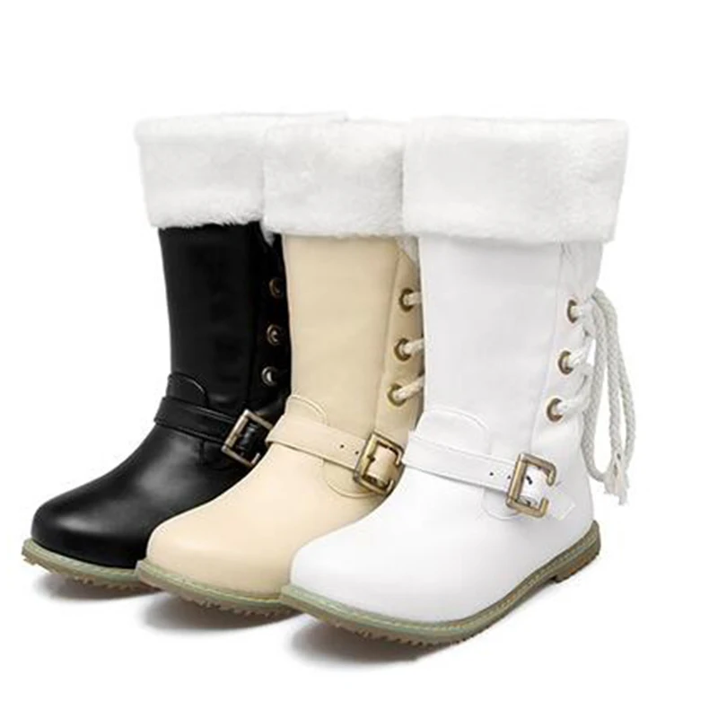 Белые женские сапоги Осень зима 2019 до середины икры на шнуровке модные теплые