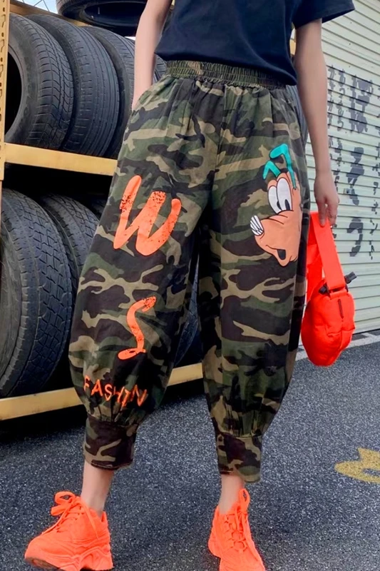

High Street Camouflage Wide Leg Pants Women's Loose Straight Drawstring Pants Drawstring Cartoon Print Harlan Cargo Pants