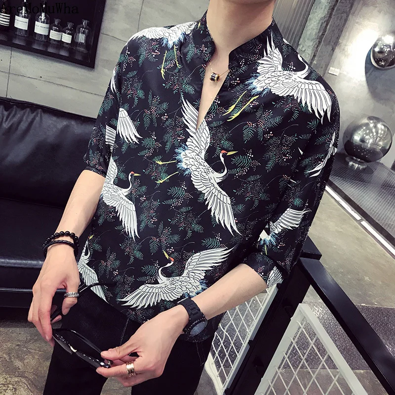 

AreMoMuWha New Summer Male Five-point Sleeve Flower Shirt Korean Version of The Trend Handsome Design Casual Pullover Top QX1135
