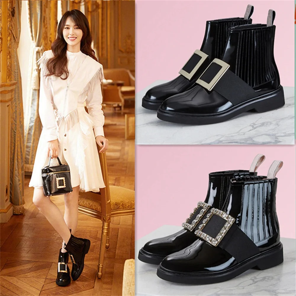 Новинка 2019 года женские ботинки из лакированной кожи со стразами и квадратной
