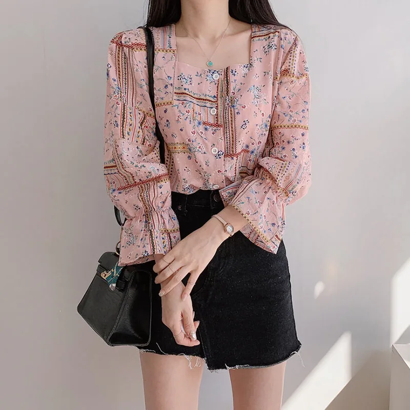 

Spring Autumn Women's Top Retro Ethnic Floral Square Neck Long Sleeve Blouse New Slim Loose Trumpet Sleeve Female Tops LL438