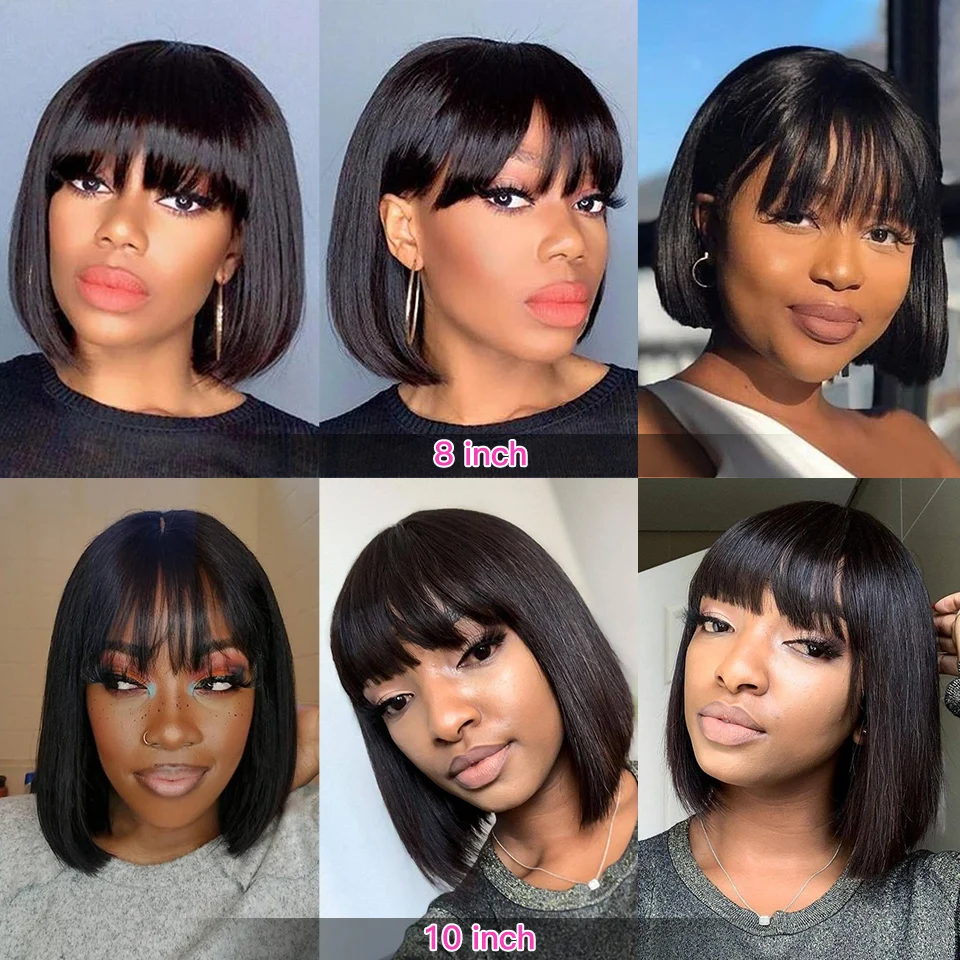 Short Bob Human Hair Wig With Bangs Fringe Cheap Full Machine Made Glueless For Black Women Straight Virgin Brazilian Pixie Cut | Шиньоны и