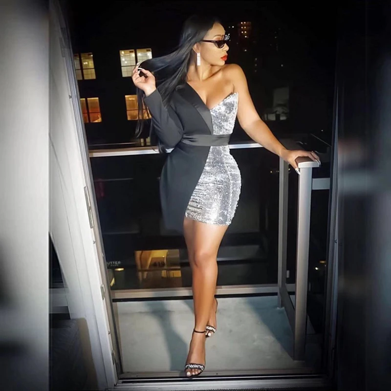 Новое модное серебристое платье с блестками на одно плечо сексуальное черное