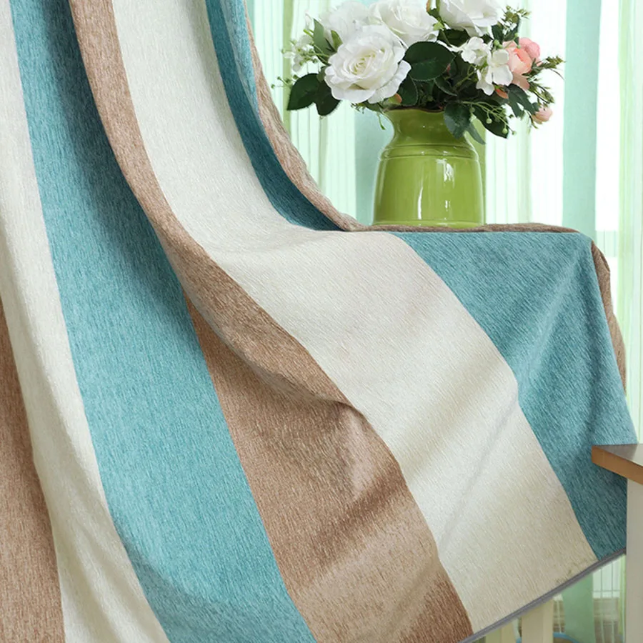 Mediterranean Red-Blue Thick Chenille Vertical Window Curtains For Living Room Beige Coffee Striped Blackout MY018-30 | Дом и сад