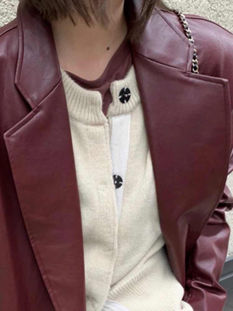 Lautaro Осенний длинный оверсайз винно-красный кожаный плащ для женщин с лацканами