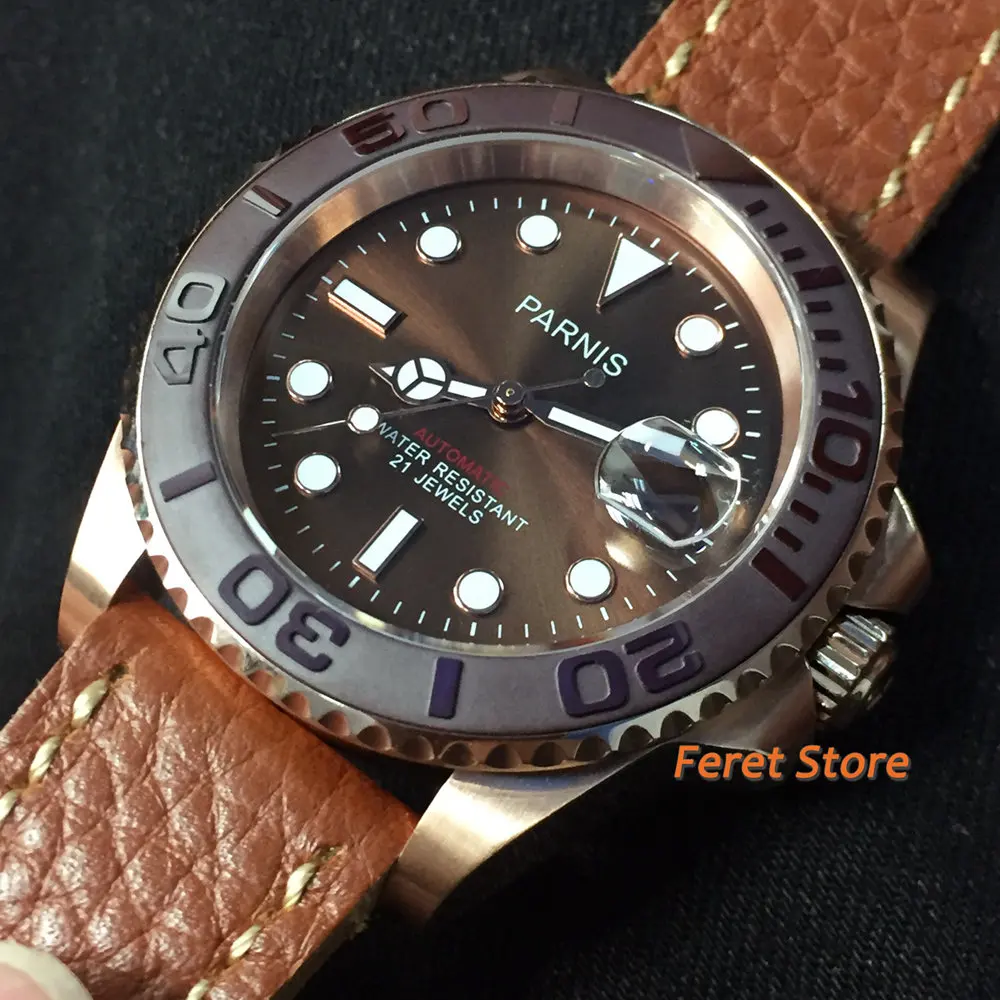

Parnis 41mm Men's Watch Brown dial Rose Gold Stainless Case Sapphire Glass Leather strap MIYOTA Automatic Movement Wristwatch