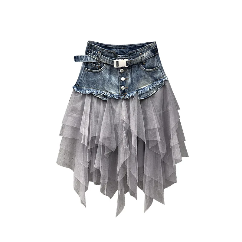

Женская джинсовая юбка, летняя, нерегулярная, высокая талия, тюль, сетка, лоскутные карманы, плиссированные, средняя длина, пачка, 2020