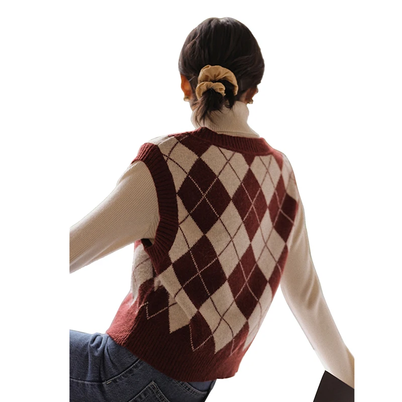 

2021 Ladies Pullover Tops Streetwear Women Color Block Vest Y2k Clothes Adults Sleeveless Argyle Pattern V-neck Knit Sweater