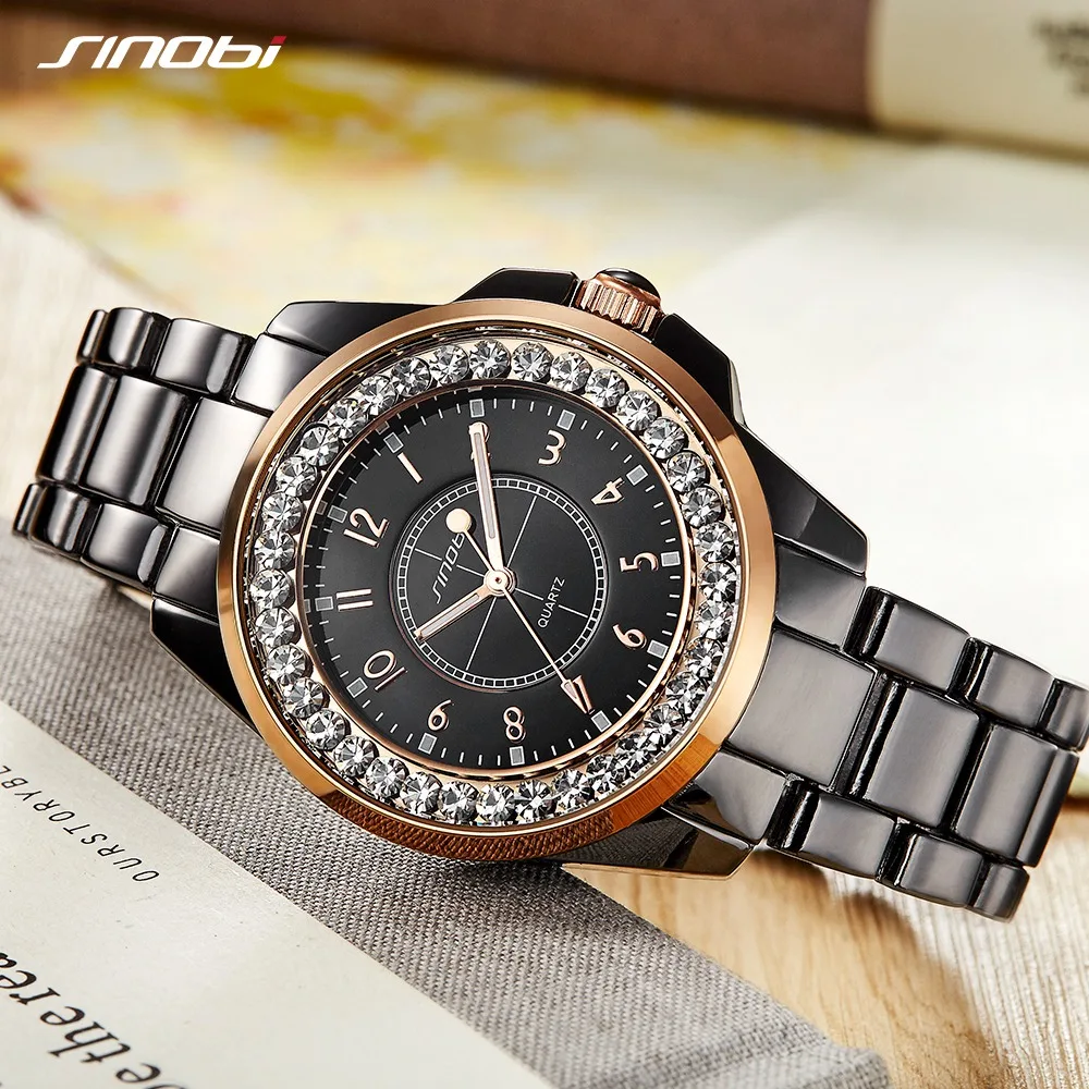 Модные женские наручные часы SINOBI со стразами имитация керамики ремешок топ