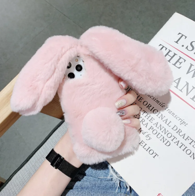 rabbit pink Чехол для телефона с пушистым плюшевым теплым кроликом для iPhone 11 Pro Max X XR XS Max 6 6 s 7Plus 8Plus чехол из мягкого ТПУ с меховым кроликом и бриллиантами - Цвет: rabbit pink