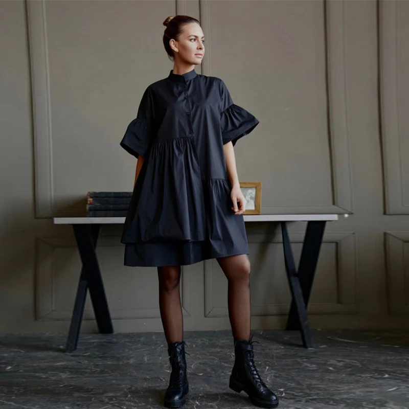 

Short Butterfly Sleeve Loose Mini Dress Woman Casual Single Breasted Stand Collar Fashionable Dress 2021 New Summer