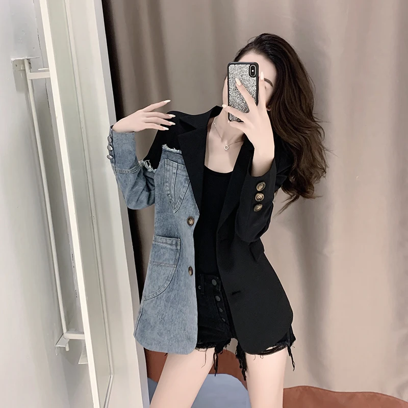 

Vintage Fashion Blazer Women Denim Patchwork Jackets 2021 Autumn Winter Irregular Coat Lady Long Sleeve Loose Korean Outerwear