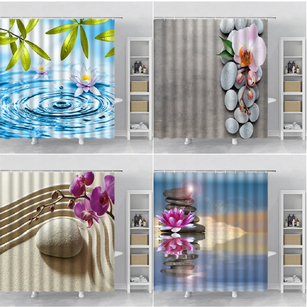 

Zen Lotus Water Drop Landscape Shower Curtain Stone Orchid Spa Chinese Bathroom Decoration bath Curtains Polyester Fabric Hooks