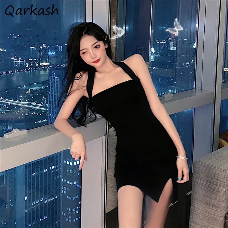 

Dresses Women Halter Inside Simple Sexy Summer Korean Style Street Side-slit Sleeveless Basic Vestidos All-match Feminine Club