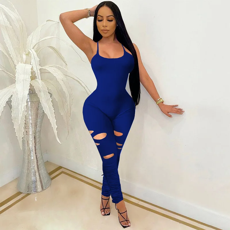 

M2051 2021 European and American women's clothing Amazon spring new fashion casual hole fold sexy Jumpsuit