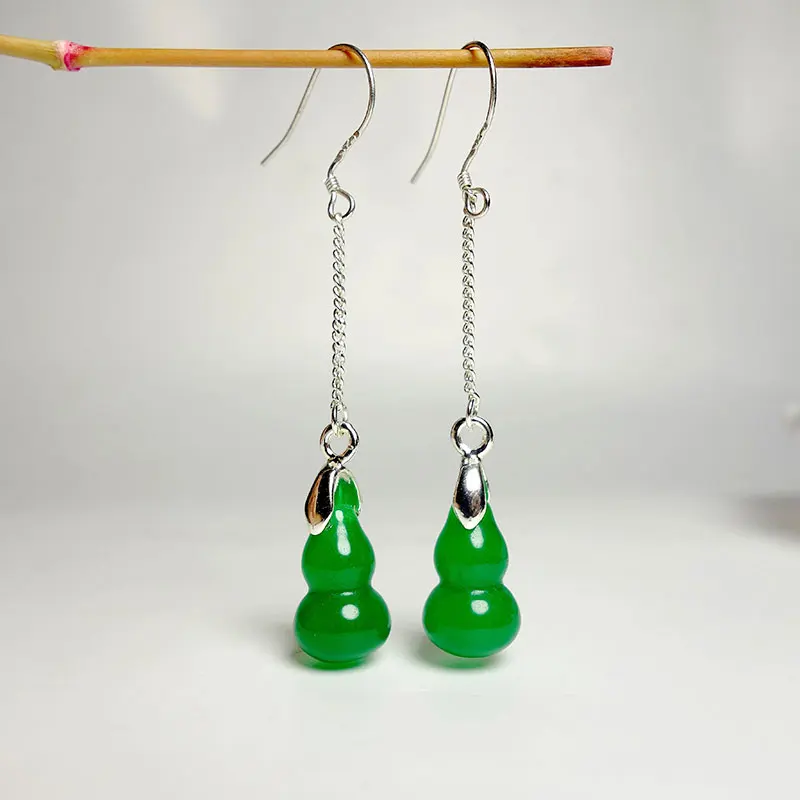 925 sterling silver gourd earrings female green chalcedony retro long ethnic wind earrings jewelry gifts