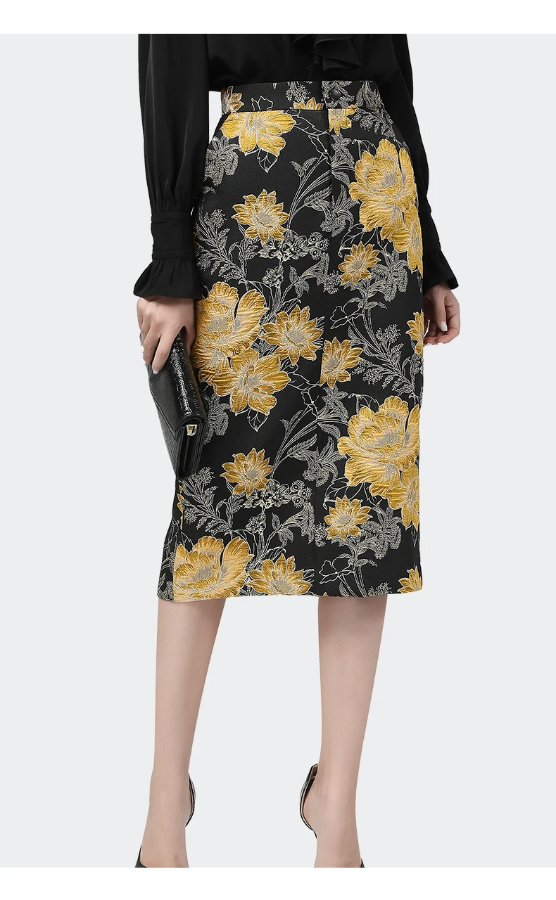 

Vintage Yellow Jacquard Women Pencil Skirt High Waist Long Female Autumn Skirts Plus Size Elegant Ladies Office Outwear Skirts