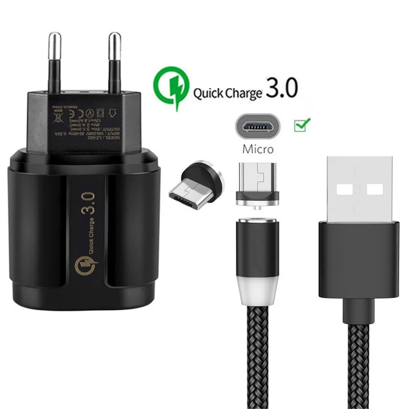 EU charger and cable Магнитный микро USB QC 3,0 быстрое зарядное устройство Магнитный провод зарядки для samsung LG W30 Xiaomi 4X Redmi 4 Note 5 6 Pro Android мобильный телефон - Тип штекера: EU charger and cable
