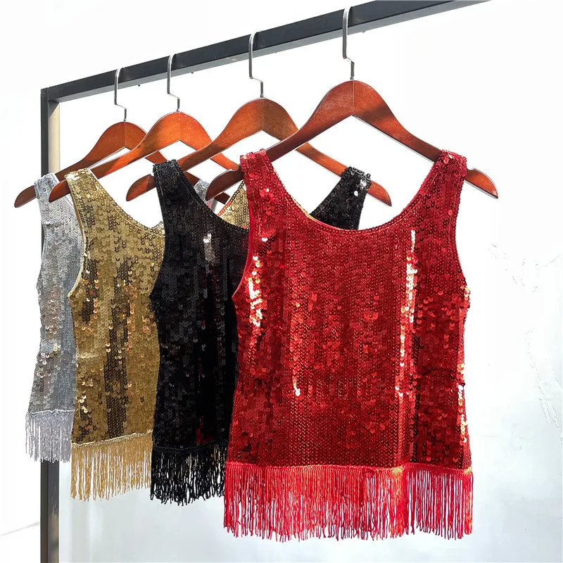 

dancing show tanks tops women red sequined crop tanks sexy woman gold silver crop tops femme party tassels vest