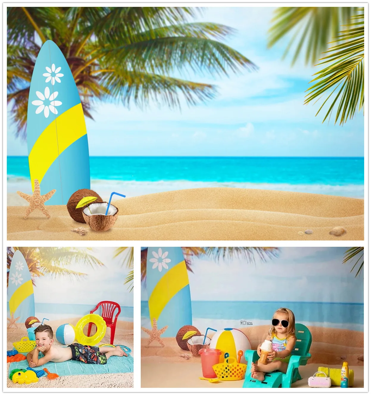 

Фон для студийной фотосъемки детей с изображением летнего синего моря золотого пляжа торта на день рождения Гавайская фотосессия