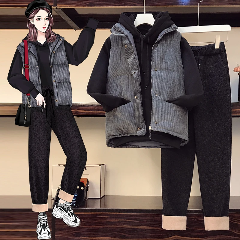 

Plus size women's 2020 autumn and winter wear new fat sister slim suit vest jacket sweater pants two-piece suit