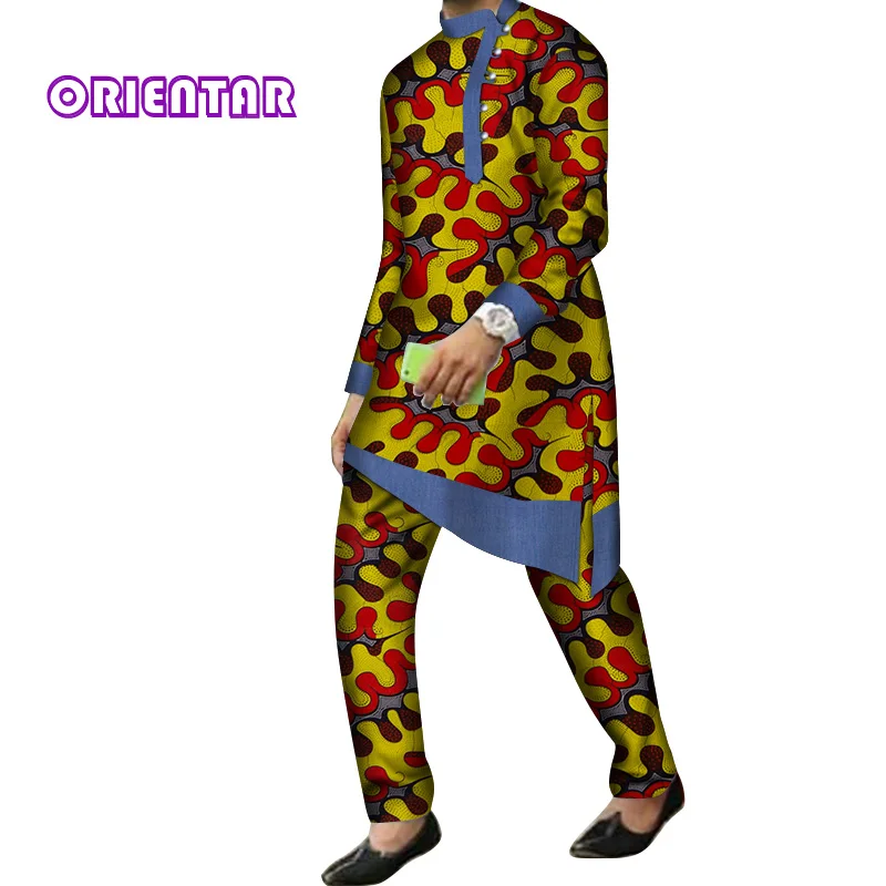 19 2 Pieces Set Men African Clothes Long Sleeve Shirt and Pants Traditional African Bazin Riche Print Dashiki Suit Trousers WYN844 - Цвет: 19