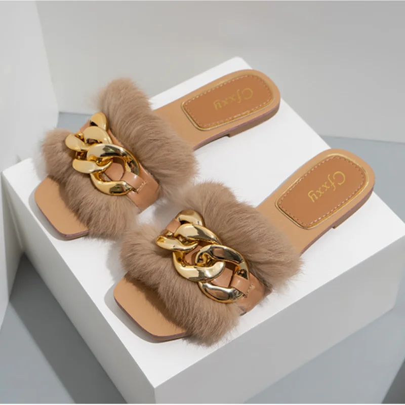 

Large Size 41 42 Woman Fashion Chain Plush Flat Sandals Women's Furry Fluffy Slides Personality Fur White Black Ladies Slippers