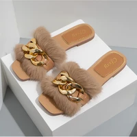 large size 41 42 woman fashion chain plush flat sandals womens furry fluffy slides personality fur white black ladies slippers