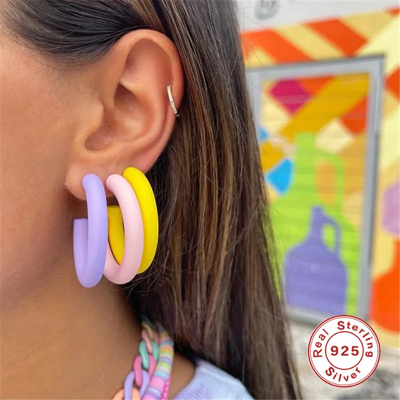 

BOAKO European and American Fashion S925 Sterling Silver Stud Earrings INS Summer Color Simple C-shaped Earrings For Women Gifts