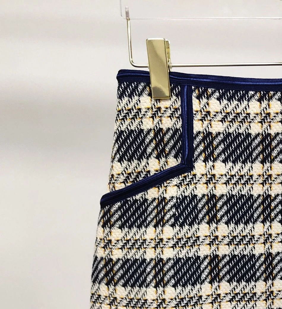 

Женский твидовый блейзер в клетку, мини-юбка на пуговицах, весна-осень