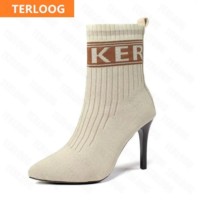 Women Super High Heels Shoes 2021 New Autumn Sexy Dress Fashion Socks Boots Slip-on Designer Knitting Ankle Chunky Pumps | Обувь