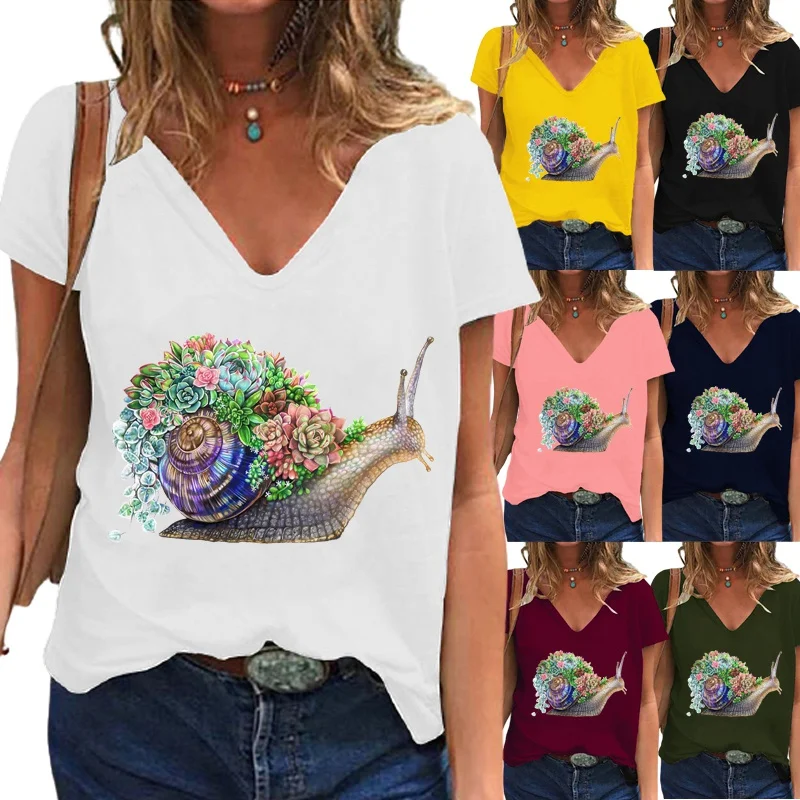 

New Summer Fashion V-neck Plus Size Loose Tops Printing Graphic T-shirt Short Sleeve Casual Shirt