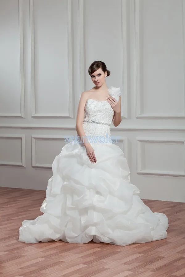 

free shipping 2016 design bride dress ball gown bridal gown custom size/color one shoulder plus size small train wedding dress