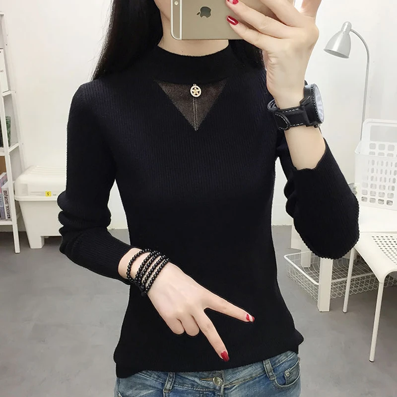 Женский свитер с высоким воротом Mujer Moda 2020 осенне-зимний вязаный кружевами в