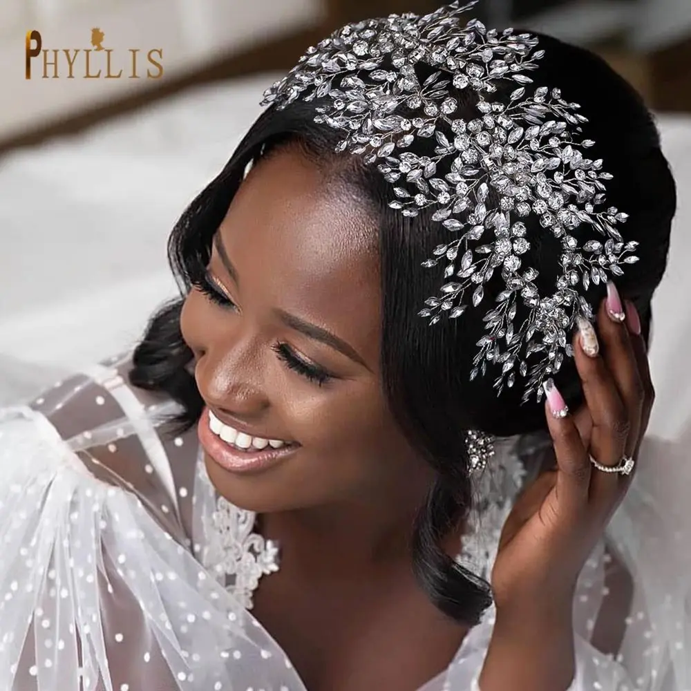 

A381 Silver Floral Wedding Headband Shiny Rhinestone Brides Headpiece Handmade Bridal Hair Accessories Crystal Pageant Jewelry